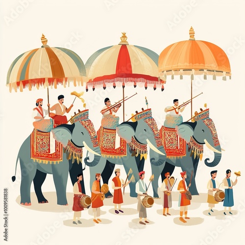 illustration of Thrissur Pooram  festival with elephant in yellow background,onam Festival.illustration photo