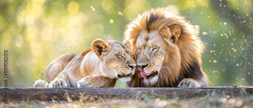  A pair of lions recline together on a verdant field, teeming with greenery, amidst trees in the background