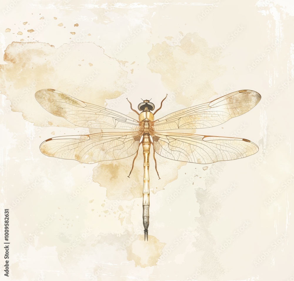A detailed illustration of a dragonfly resting on a soft watercolor background A detailed illustration of a dragonfly resting on a soft watercolor background