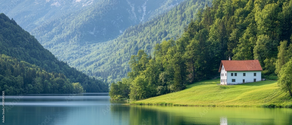 A white house perches atop a verdant hillside next to a forested lake A white house perches atop a verdant hillside next to a forested lake