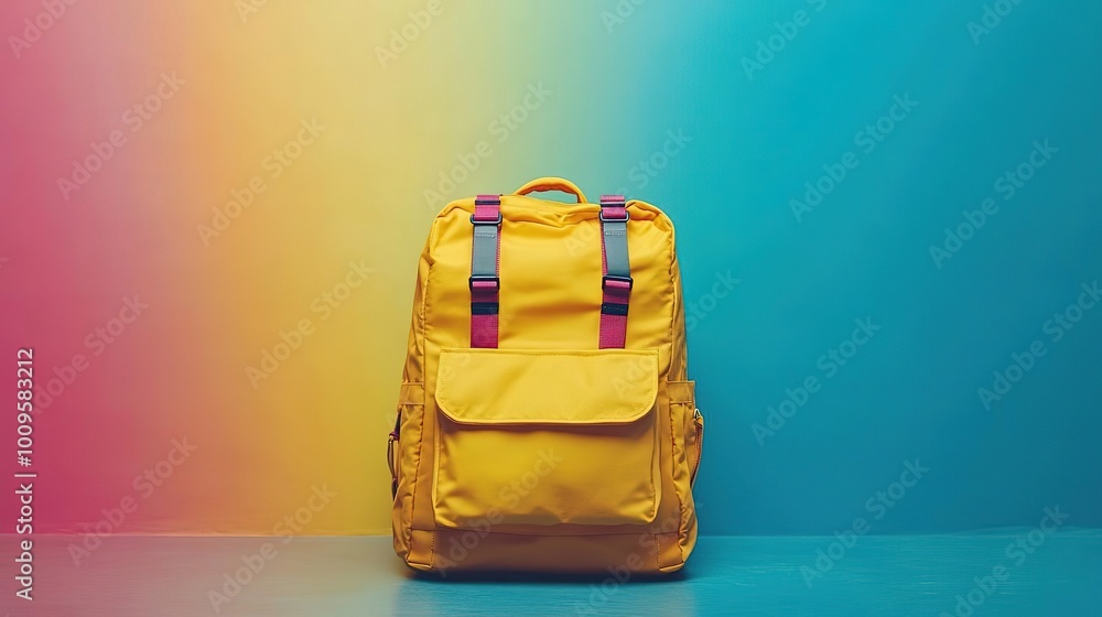 A vibrant yellow backpack with colorful straps, set against a gradient background, perfect for travel and school use. A vibrant yellow backpack with colorful straps, set against a gradient background, perfect for travel and school use.