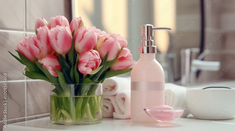 Vase with beautiful pink tulips and toiletries near sink in bathroom Vase with beautiful pink tulips and toiletries near sink in bathroom