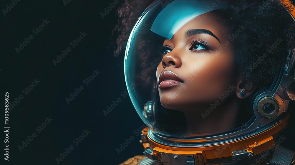 A stunning portrait of a confident astronaut with natural curls, gazing above in a futuristic space helmet, embodying adventure and exploration. A stunning portrait of a confident astronaut with natural curls, gazing above in a futuristic space helmet, embodying adventure and exploration.