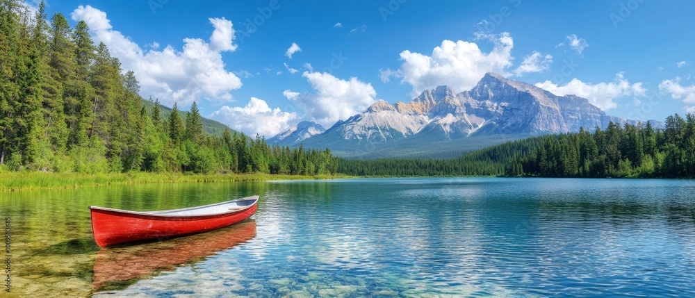 A red boat floats on a serene lake Behind it, a lush green forest meets the base of a covered mountain, dotted with white clouds A red boat floats on a serene lake Behind it, a lush green forest meets the base of a covered mountain, dotted with white clouds