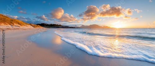  A sandy beach with waves reaching the shore, and a distant mountain capped by clouds