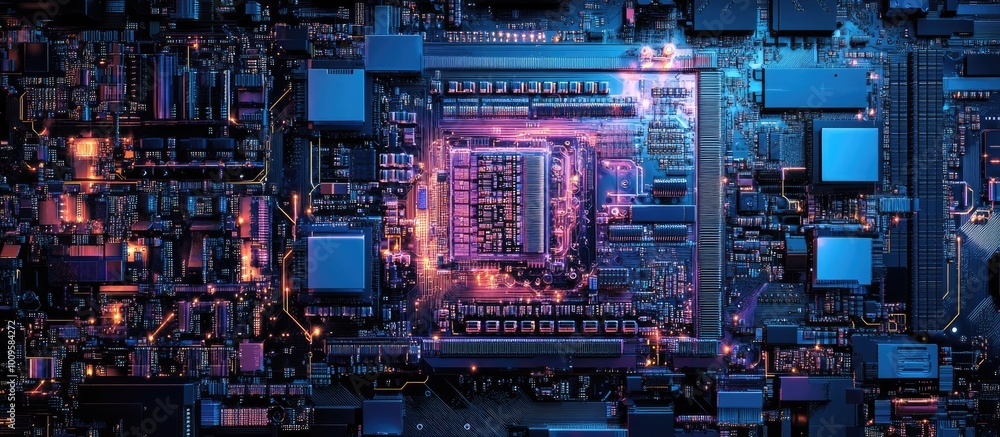 Neon-Lit Circuit Board with Glowing Components Neon-Lit Circuit Board with Glowing Components