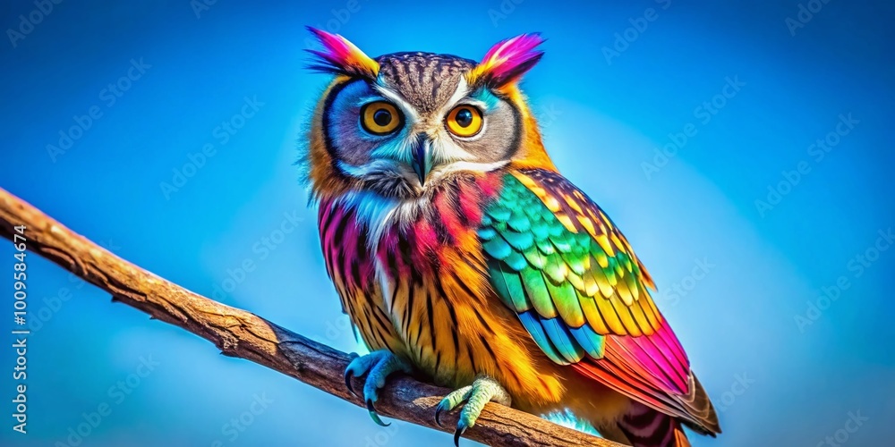 Naklejka premium Vibrant Owl with Colorful Feathers Perched on a Branch Against a Bright Blue Sky Background