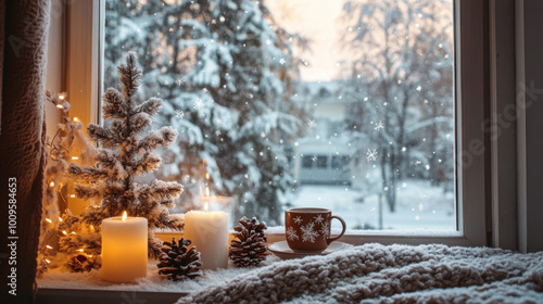 Cozy winter scene by a window with candles, snow-covered pine tree, cup of hot drink, and snowflakes gently falling outside