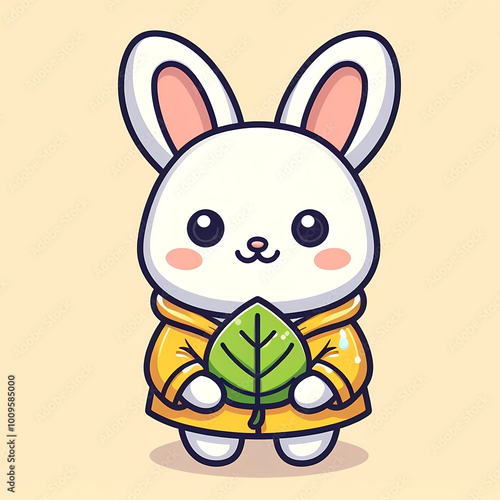 Cute Rabbit Wearing Raincoat And Holding Leaf Cartoon Vector Icon Illustration Cute Rabbit Wearing Raincoat And Holding Leaf Cartoon Vector Icon Illustration