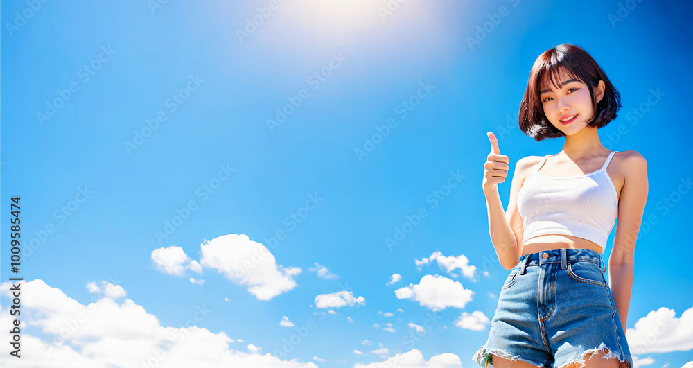 A portrait of an Asian woman giving a thumbs up while wearing a white tube top and denim shorts under a blue sky. A portrait of an Asian woman giving a thumbs up while wearing a white tube top and denim shorts under a blue sky.