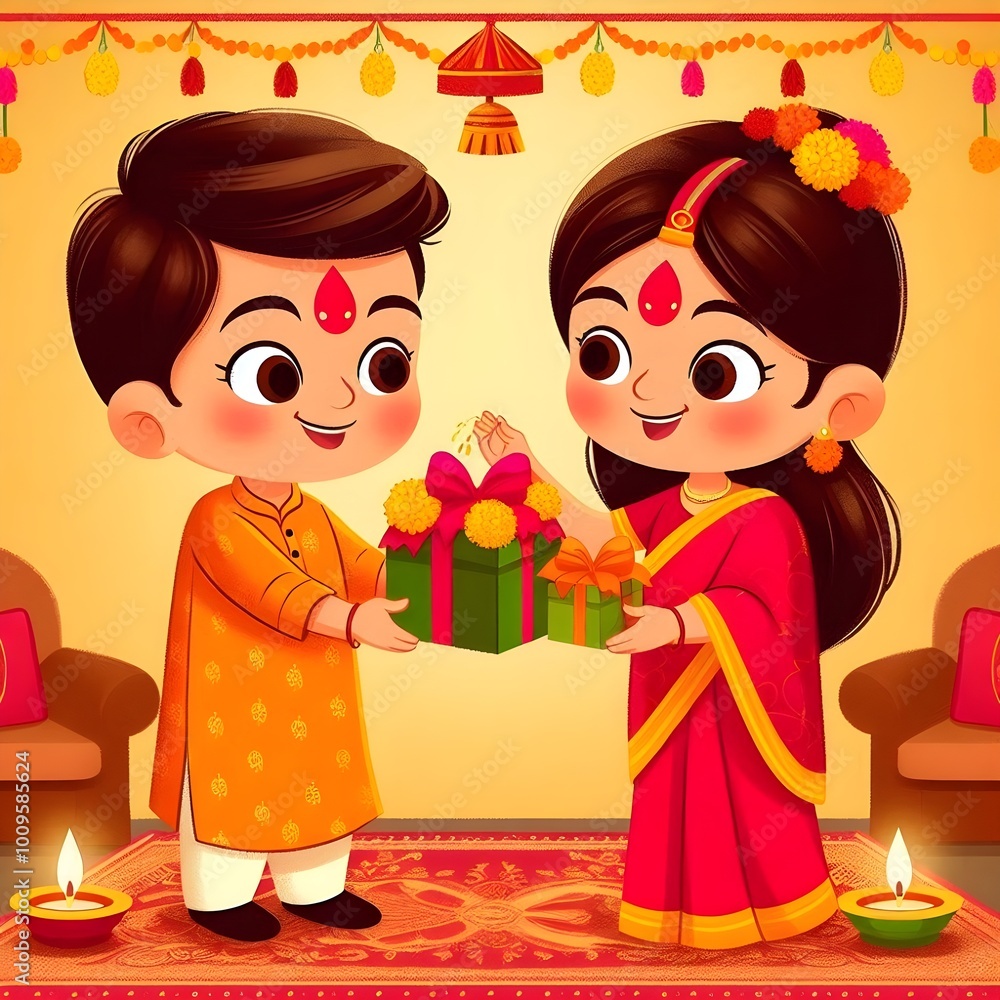 Hermanos intercambiando regalos en ceremonia de Bhai Dooj Hermanos intercambiando regalos en ceremonia de Bhai Dooj