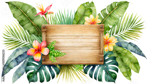 wooden blank board with tropical leaves and flowers illustration. Watercolor painting signbord. Generative AI.