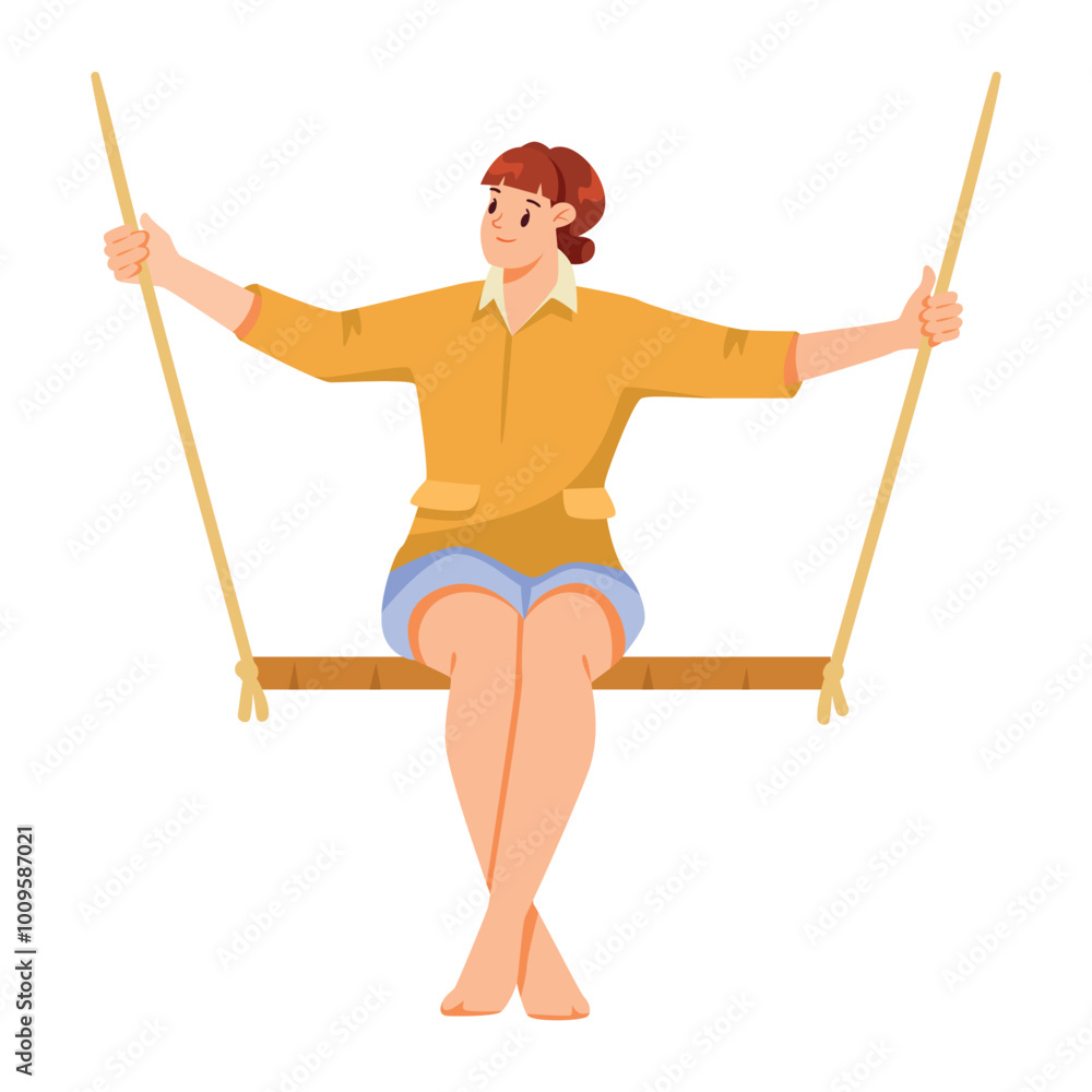 Happy Woman on Rope Swing Rocking and Relaxing Vector Illustration Happy Woman on Rope Swing Rocking and Relaxing Vector Illustration