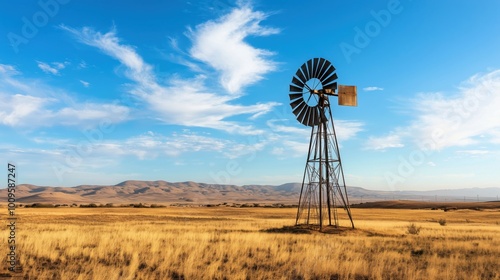 Windmill in golden grassland under blue sky