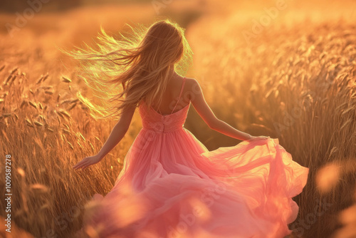 A joyful girl dances in a flowing pink dress amidst golden wheat fields during sunset