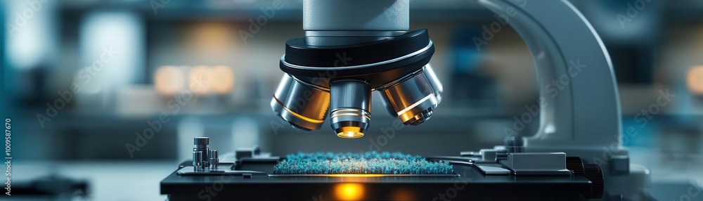 Close-up of a microscope focusing on a sample, showcasing detailed observation in a laboratory setting. Close-up of a microscope focusing on a sample, showcasing detailed observation in a laboratory setting.