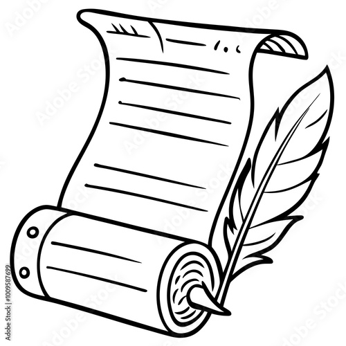 Outline Vector of a Scroll with Names and a Quill