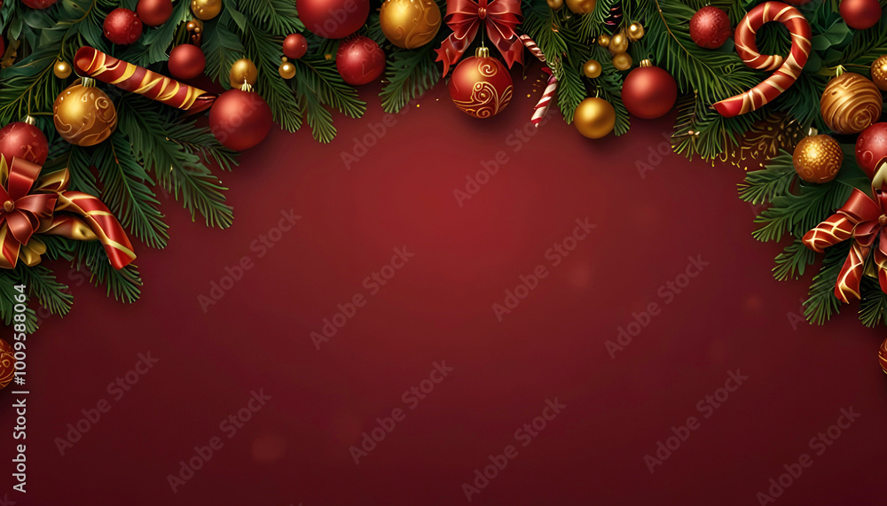 Christmas frame with Christmas tree branches and balls, Fir branches with Christmas decoration on red background
Christmas frame with Christmas tree branches and balls, Fir branches with Christmas decoration on red background