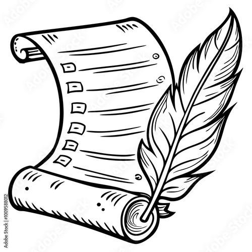 Outline Vector of a Scroll with Names and a Quill