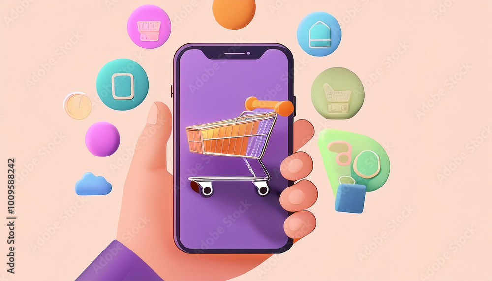 hand holding mobile phone with shopping cart, online shopping, discount, banner hand holding mobile phone with shopping cart, online shopping, discount, banner