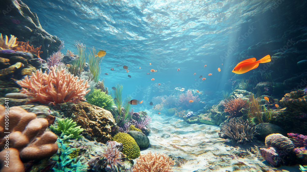 Fototapeta premium Photorealistic expansive coral reef viewed from underwater with vibrant marine life