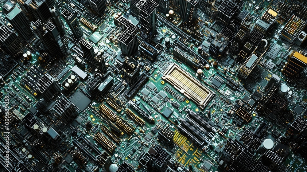 A Close-Up of a Complex Circuit Board With Components Resembling a Cityscape A Close-Up of a Complex Circuit Board With Components Resembling a Cityscape