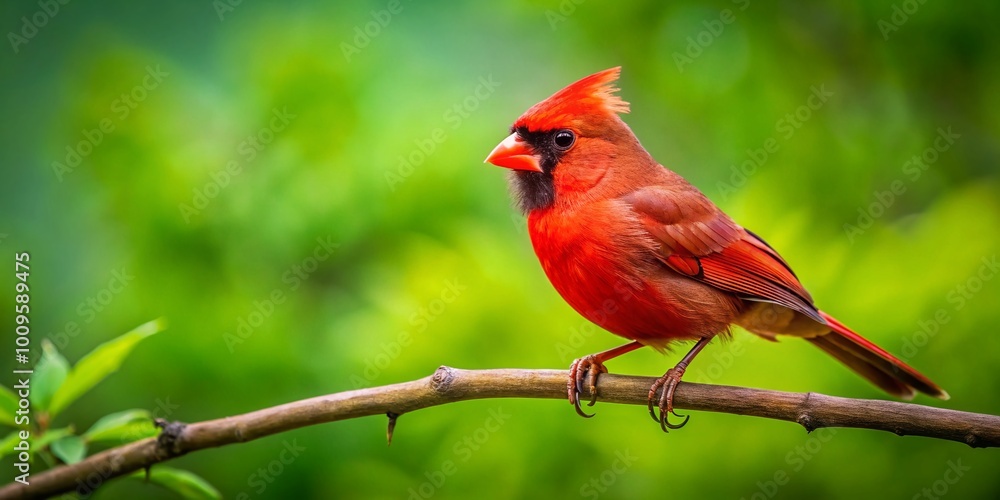 Vibrant Red Cardinal Bird Perched on a Branch Against a Soft Focus Green Nature Background Vibrant Red Cardinal Bird Perched on a Branch Against a Soft Focus Green Nature Background