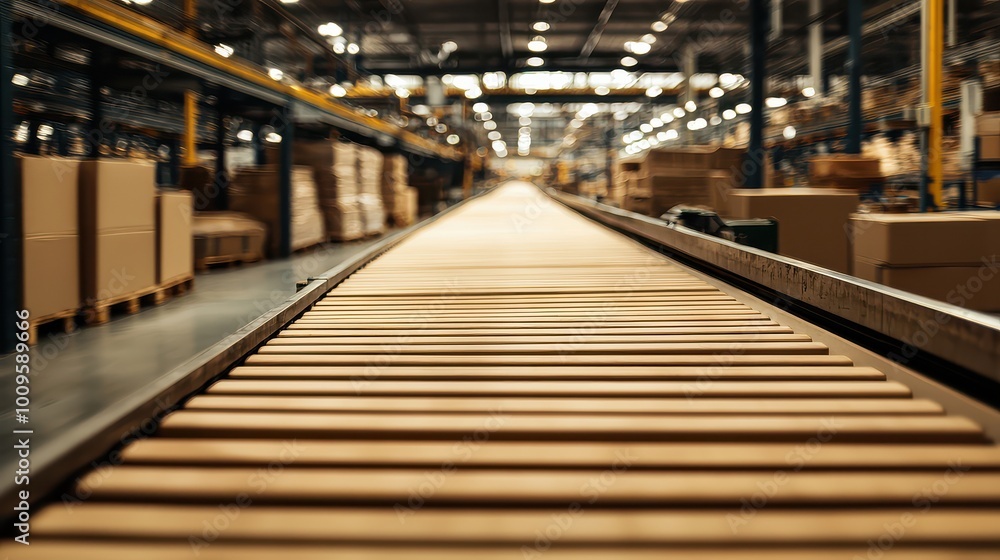 A conveyor belt stretches through a spacious industrial warehouse, lined with boxes and illuminated by overhead lights, highlighting a bustling manufacturing setting.