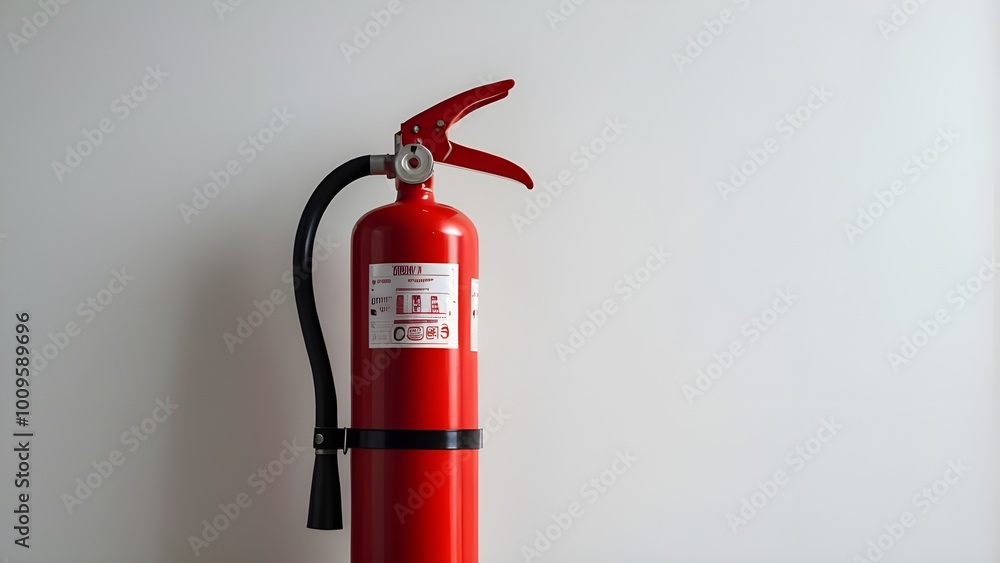 A red fire extinguisher hanging on a white wall. A red fire extinguisher hanging on a white wall.