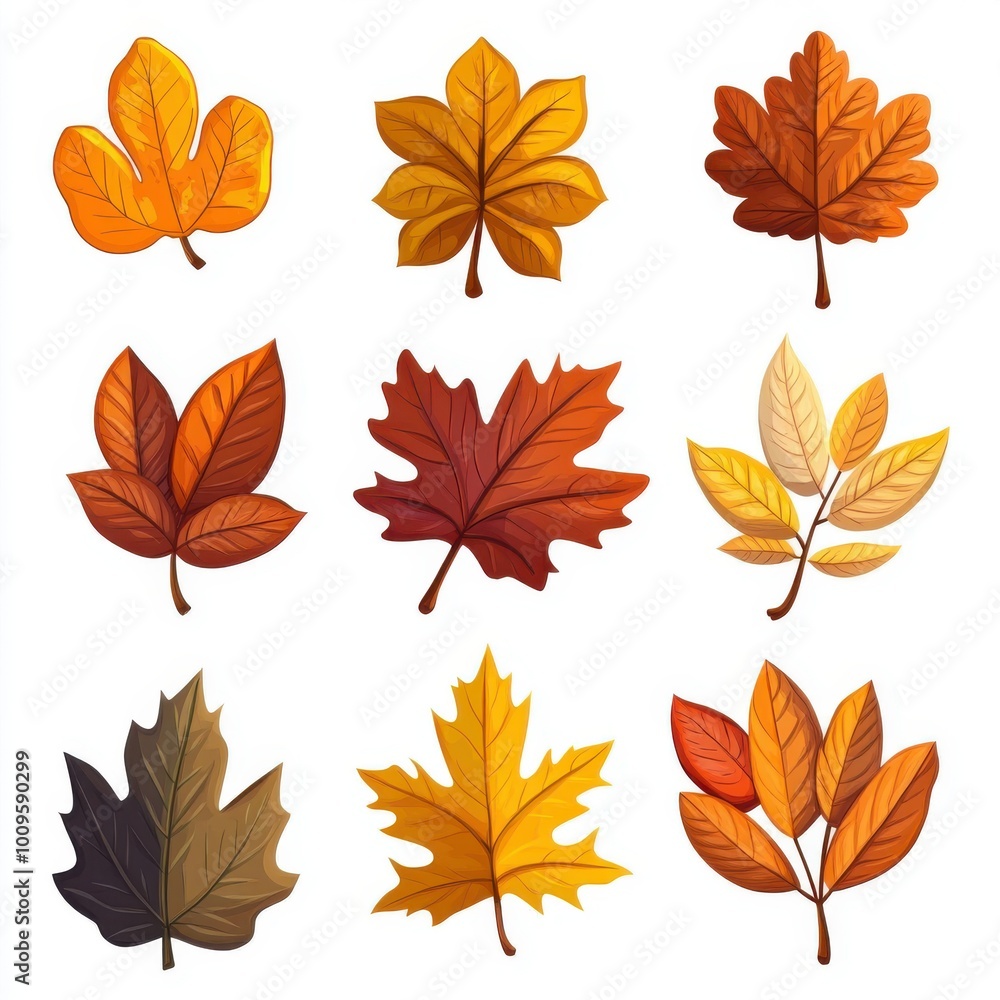 Fototapeta premium A collection of fallen autumn leaves, whimsical cartoon style, various warm colors, isolated on white background