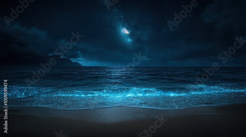 A serene night scene of a glowing ocean under a starry sky, with gentle waves lapping at the shore, creating a mystical atmosphere.