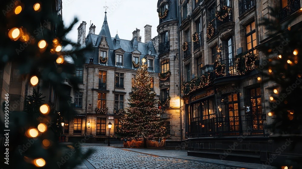Fototapeta premium A charming, festive scene of a cobblestone street adorned with holiday lights and a Christmas tree, capturing the essence of winter celebrations.