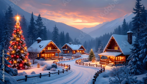 Christmas night in the winter, Christmas village is a beautiful sight—Santa's Village in the North Pole with a full moon over it at night.