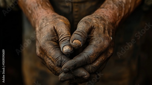 Manual worker showing dirty hands after work