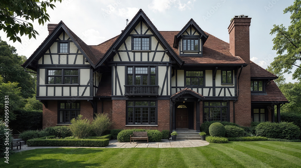 Elegant Tudor-style mansion with half-timbered exterior, brick facade, and manicured garden, showcasing luxury living and traditional English architecture