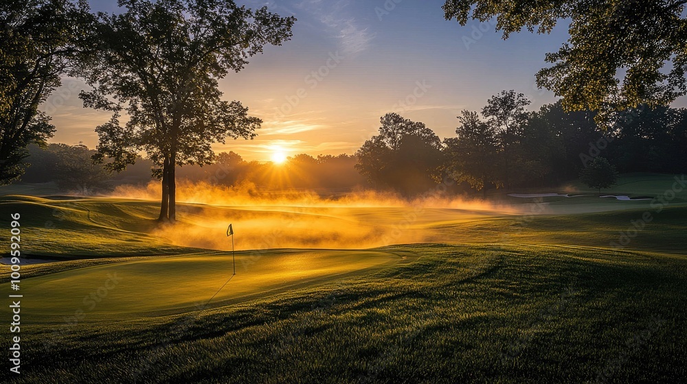 A Golf Course Sunrise with Fog and a Single Tree A Golf Course Sunrise with Fog and a Single Tree