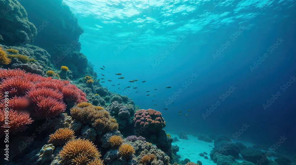 custom made wallpaper toronto digitalVibrant underwater coral reef ecosystem with colorful soft corals, tropical fish, and crystal-clear turquoise waters, showcasing marine biodiversity and ocean beauty