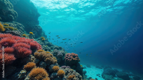 Wallpaper Mural Vibrant underwater coral reef ecosystem with colorful soft corals, tropical fish, and crystal-clear turquoise waters, showcasing marine biodiversity and ocean beauty Torontodigital.ca