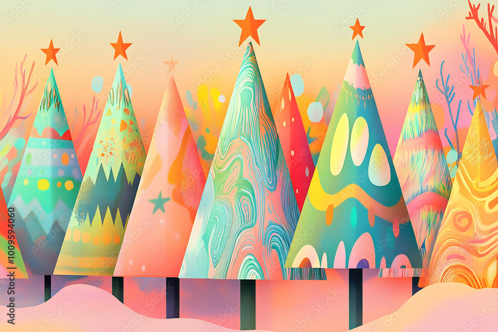 Obraz premium Colorful Christmas trees in a whimsical winter landscape at sunset