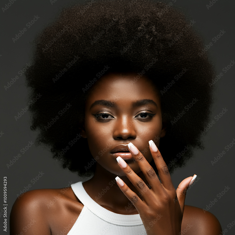 A model displays a French manicure, highlighting techniques in cosmetics, beauty, makeup, and nail A model displays a French manicure, highlighting techniques in cosmetics, beauty, makeup, and nail