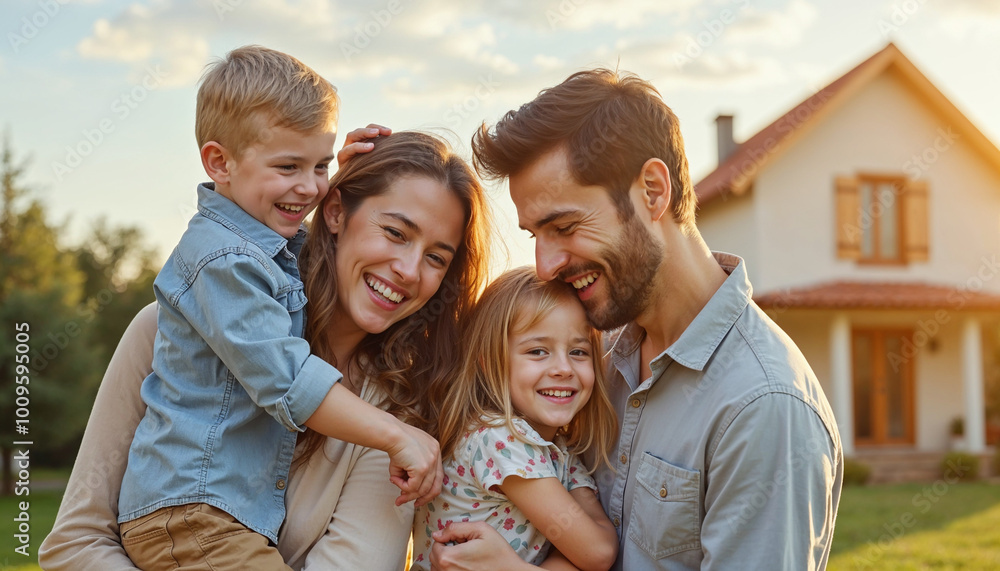 concept of housing and relocation. happy family mother father and kids with roof at home, real estate, housing and mortgage crisis, foster home care, family day care, social distancing concept of housing and relocation. happy family mother father and kids with roof at home, real estate, housing and mortgage crisis, foster home care, family day care, social distancing