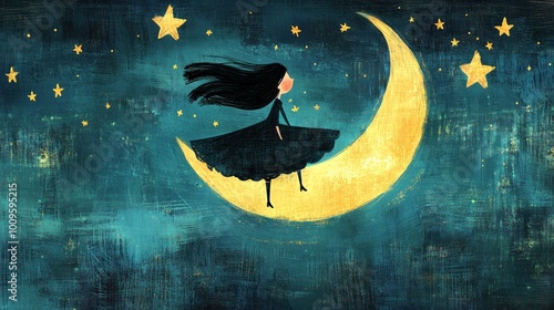 Wallpaper Mural A whimsical illustration of a girl sitting on a crescent moon surrounded by stars. Torontodigital.ca