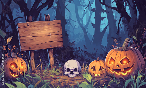 Spooky Halloween Image with Wooden Sign, Skeleton Hand, Pumpkins, and Glowing Candles