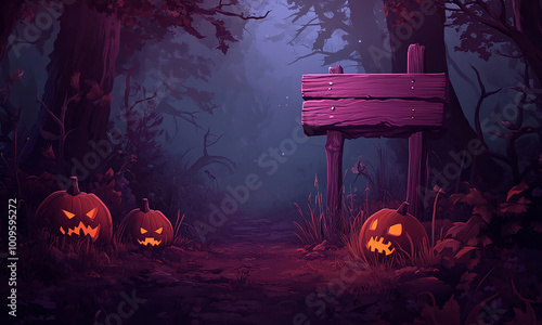 Spooky Halloween Image with Wooden Sign, Skeleton Hand, Pumpkins, and Glowing Candles