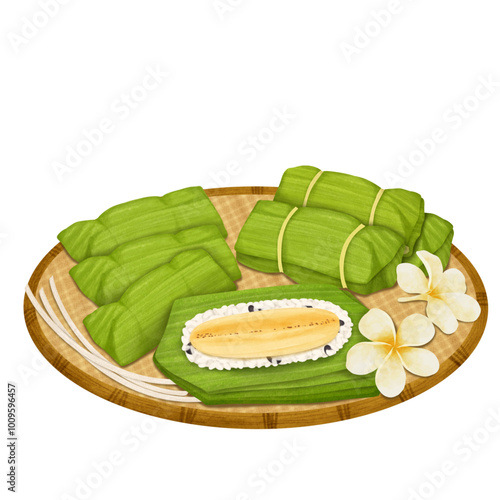 Coconut Sticky Rice and Banana wrapped with Banana Leaf