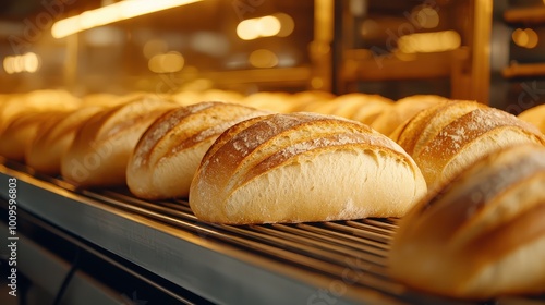 Freshly baked loaves of bread cooling on a rack in a warm, inviting bakery. photo