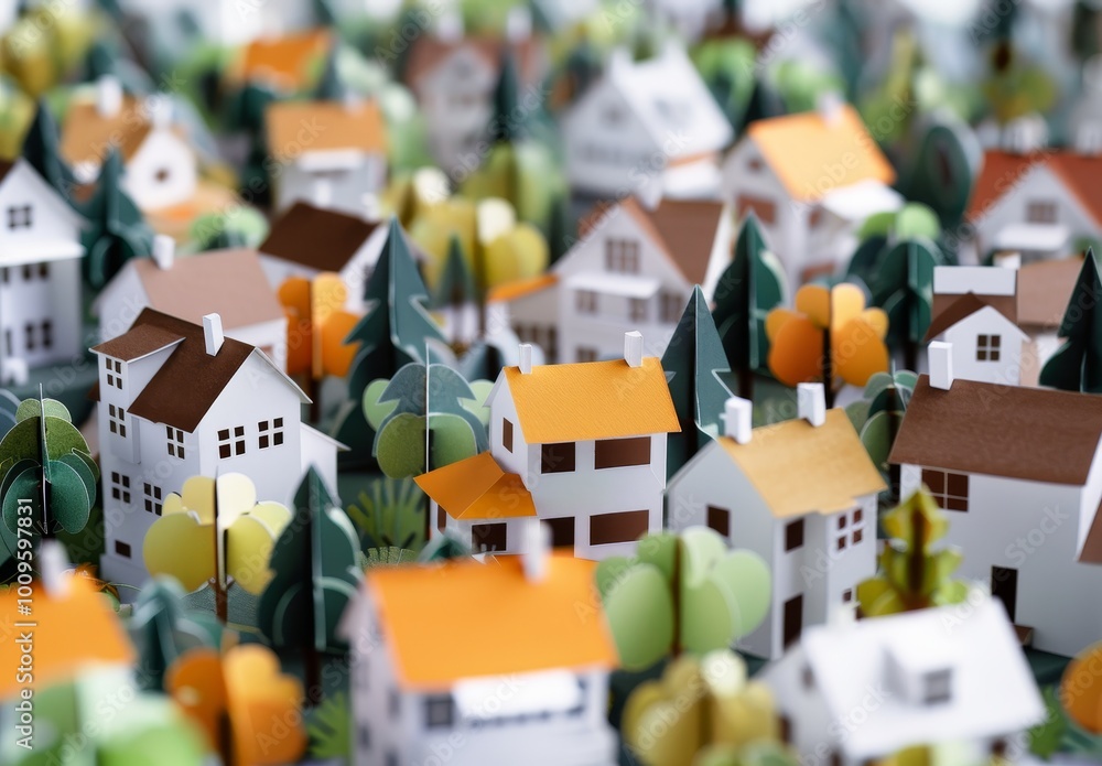 Close-Up of Minimalist Paper Craft Houses and Trees with City Scene. Close-Up of Minimalist Paper Craft Houses and Trees with City Scene.