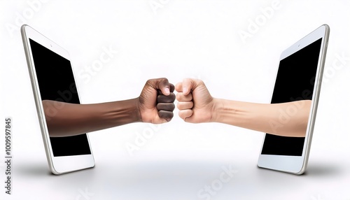 two men, guys, bros, fist bumping or bump online on the computer, cell phone, tablet. they are in agreement with something on social media,  concept.  see eye to eye, concur.  isolated on white photo