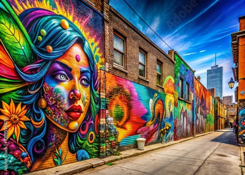 Vibrant Urban Scene with Colorful Street Art and Graffiti on a Brick Wall in a City Environment