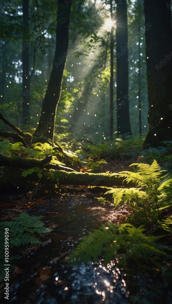 Obraz premium Moss-covered ground and ferns in a forest with warm sunlight at sunrise or sunset